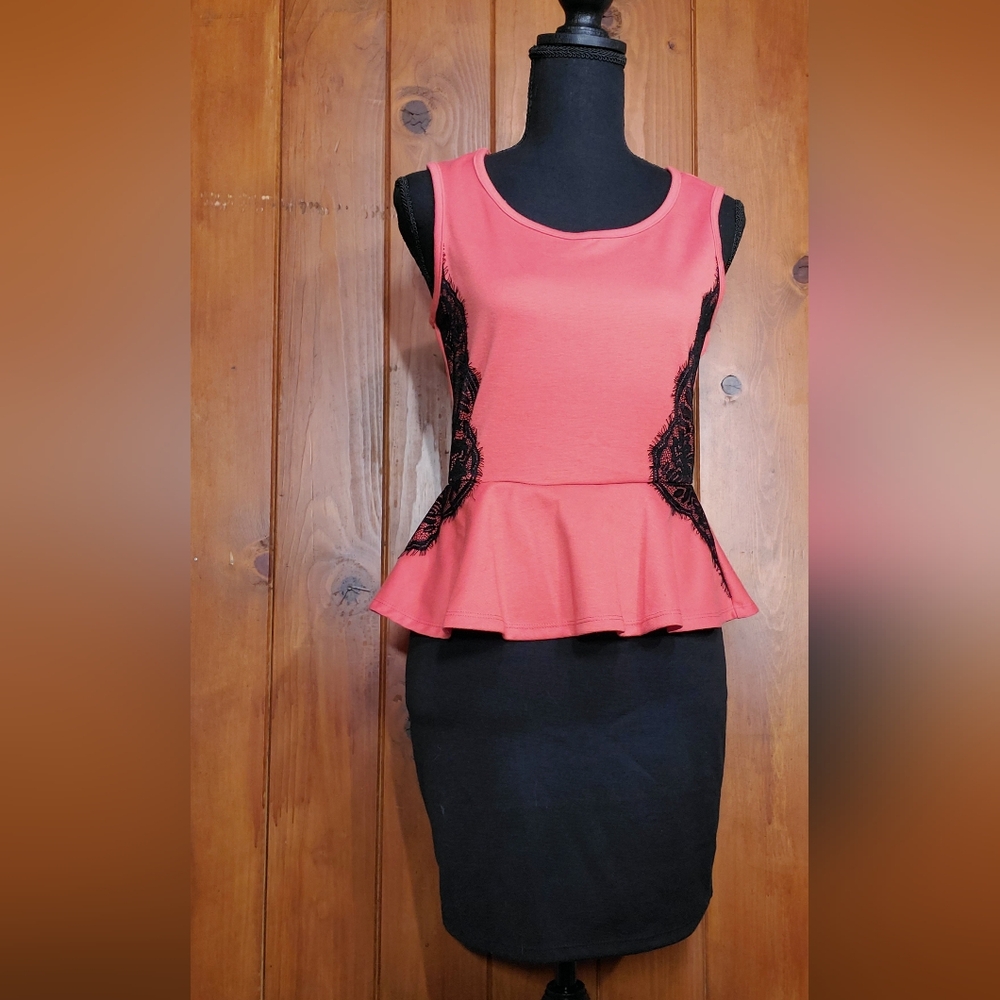 Red Peplum Top with Black Lace Accents